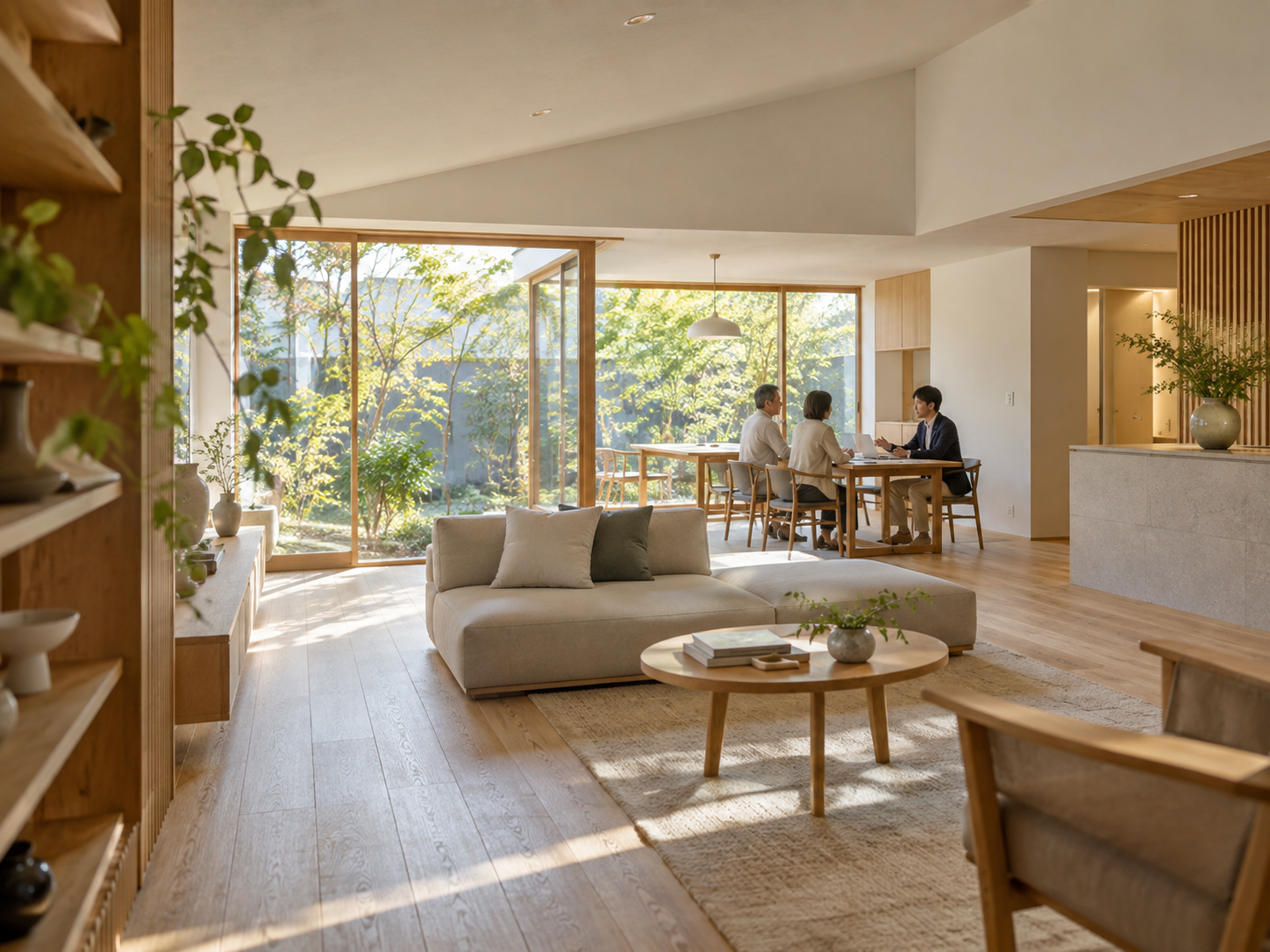 奥のテーブルで住まいの希望を話すご相談