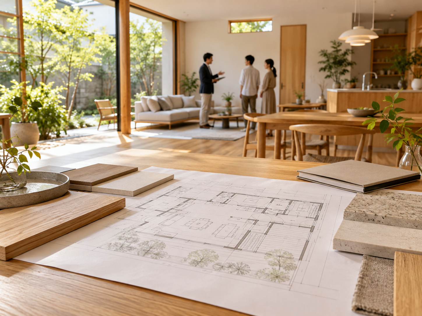 図面と素材サンプルを見ながら検討するプラン