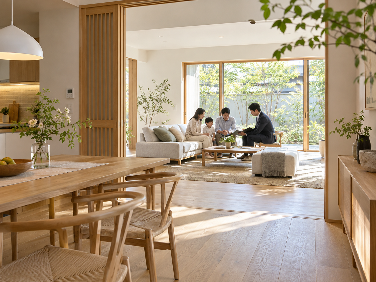 完成した住まいの使い方を奥で確認するお引き渡し