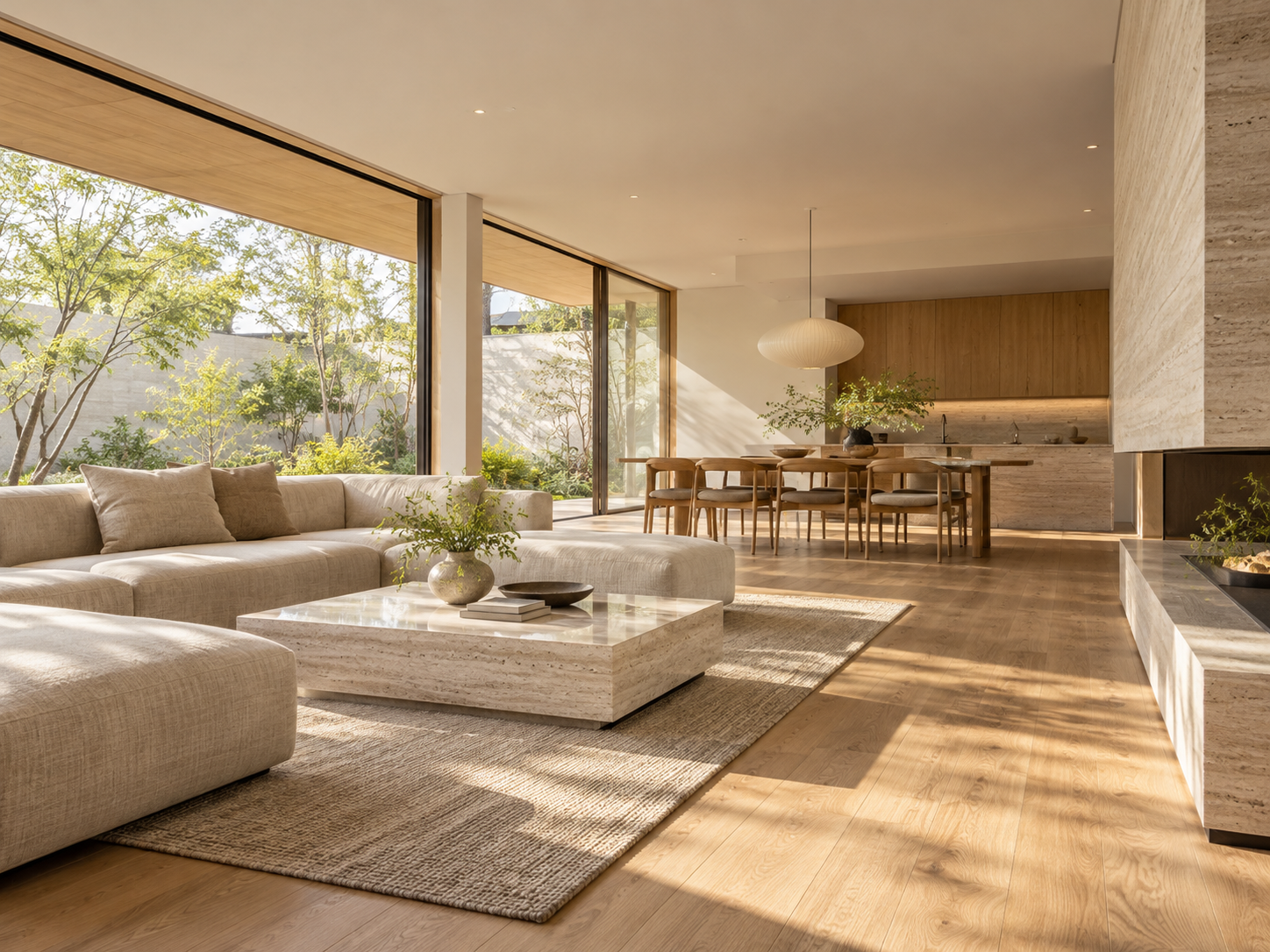 木、石、布の異なる質感を組み合わせた室内