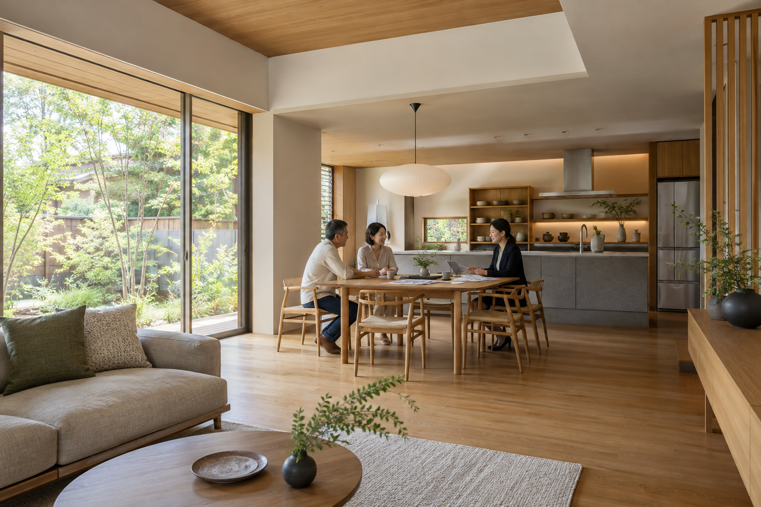 キッチンでの暮らし方を奥で相談する風景