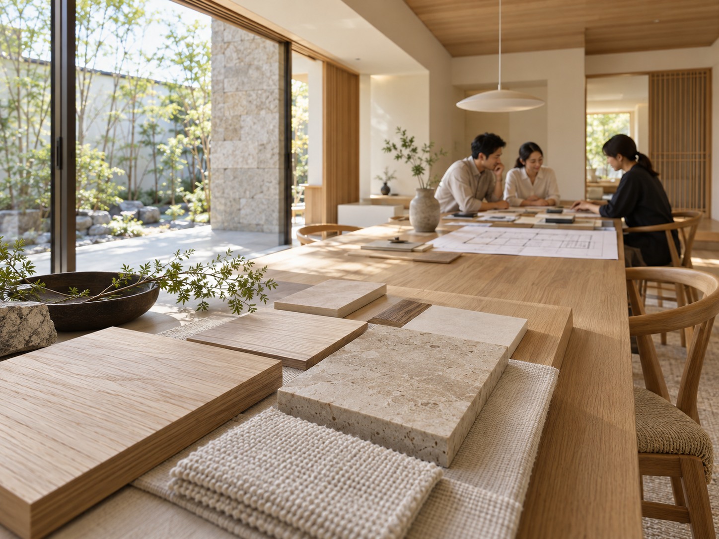 間取り図と素材を広げて計画を検討する風景