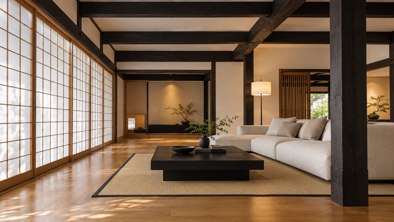 黒い梁と障子にモダンなソファを組み合わせた住空間